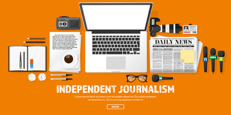 Mass media background in a flat style.Press conference with correspondent and reporter.Broadcasting.Multimedia news,newspaper.Tv show. Internet radio, television. Microphone.のイラスト素材