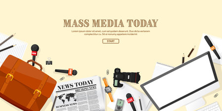 Mass media background in a flat style.Press conference with correspondent and reporter.Broadcasting.Multimedia news,newspaper.Tv show. Internet radio, television. Microphone.のイラスト素材