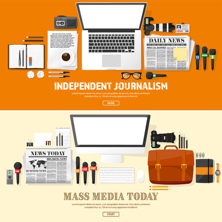 Mass media background in a flat style.Press conference with correspondent and reporter.Broadcasting.Multimedia news,newspaper.Tv show. Internet radio, television. Microphone.のイラスト素材