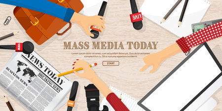 Mass media background in a flat style.Press conference with correspondent and reporter.Broadcasting.Multimedia news,newspaper.Tv show. Internet radio, television. Microphone.のイラスト素材