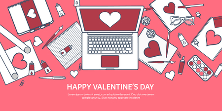 Love and heart. Lined vector illustration. Flat background with laptop. Hearts. Valentines day. Be my valentine. 14 february. Message.のイラスト素材