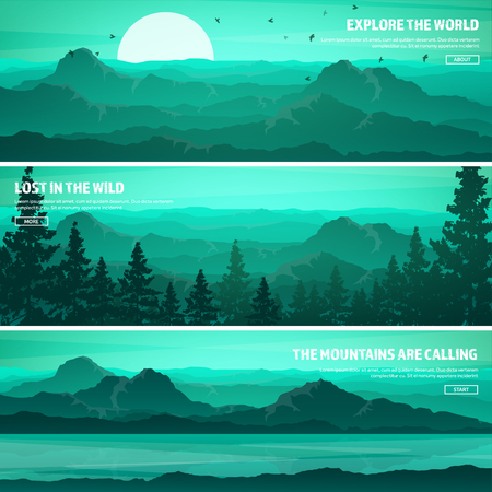 Mountains and forest. Wild nature landscape. Travel and adventure.Panorama. Into the woods. Horizon line.Trees,fog. Wildlife.Lake,river.のイラスト素材