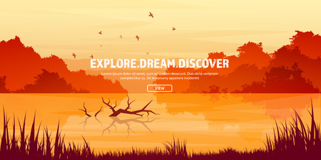 Mountains with forest and lake, river. Trees. Horizon line. Vector landscape.Panorama. Travel and adventure.Nature.Wood. Wildlife. Pine tree.のイラスト素材