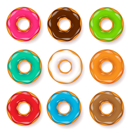 Donut, begel with cream. Cookies,cookie cake set. Sweet dessert. with sugar,caramel. Tasty breakfast. Cooking. Cafateria food, snack. Coffee shop.Vector illustration.のイラスト素材