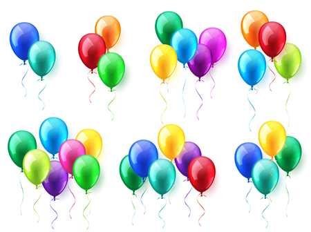 Isolated Realistic Colorful Glossy Flying Air Balloons set. Birthday party. Ribbon.Celebration. Wedding or Anniversary.Vector Illustration.のイラスト素材