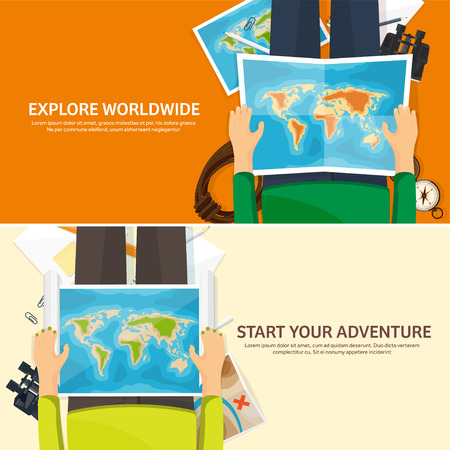 Travel and tourism. Flat style. World, earth map. Globe. Trip, tour, journey, summer holidays. Travelling,exploring worldwide. Adventure,expedition. Table, workplace. Traveler. Navigation.のイラスト素材