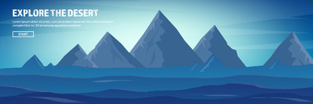 Desert trip header. Extreme tourism and travelling. Back to nature. Sands.Exploring Africa. Horizont line with sky,stars. Mountaines, flying birds.のイラスト素材