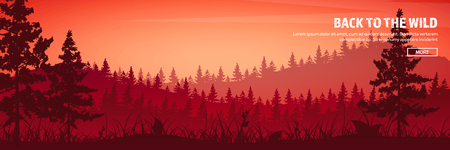 Mountains and forest header. Wild nature landscape. Travel and adventure.Panorama. Into the woods. Horizon line.Trees,fogfog.のイラスト素材