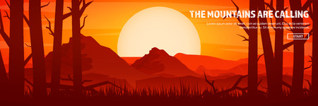 Mountains and forest header. Wild nature landscape. Travel and adventure.Panorama. Into the woods. Horizon line.Trees,fogfog.のイラスト素材