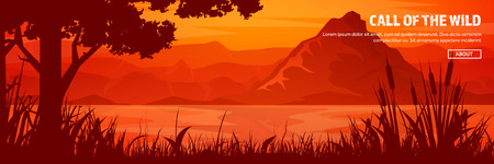 Mountains and forest header. Wild nature landscape. Travel and adventure.Panorama. Into the woods. Horizon line.Trees,fogfog.のイラスト素材