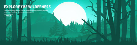 Mountains and forest header. Wild nature landscape. Travel and adventure.Panorama. Into the woods. Horizon line.Trees,fogfog.のイラスト素材