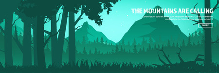 Mountains and forest header. Wild nature landscape. Travel and adventure.Panorama. Into the woods. Horizon line.Trees,fogfog.のイラスト素材