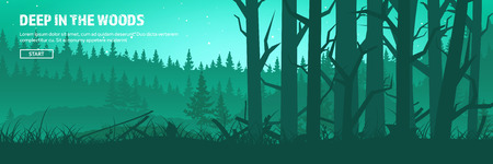 Mountains and forest header. Wild nature landscape. Travel and adventure.Panorama. Into the woods. Horizon line.Trees,fogfog.のイラスト素材