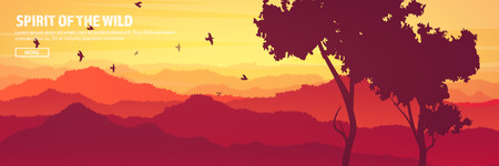 Mountains and forest header. Wild nature landscape. Travel and adventure.Panorama. Into the woods. Horizon line.Trees,fogfog.のイラスト素材