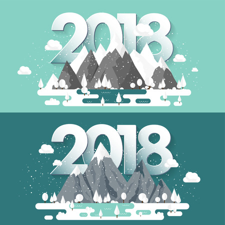Mountains in Winter,2018 Peak with Snow. Nature Landscape. Christmas Travel. Hiking and Camping. Flat Style.のイラスト素材