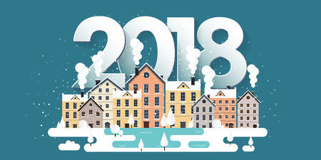 Vector illustration. 2018 winter urban landscape. City with snow. Christmas and new year. Cityscape. Buildings.のイラスト素材
