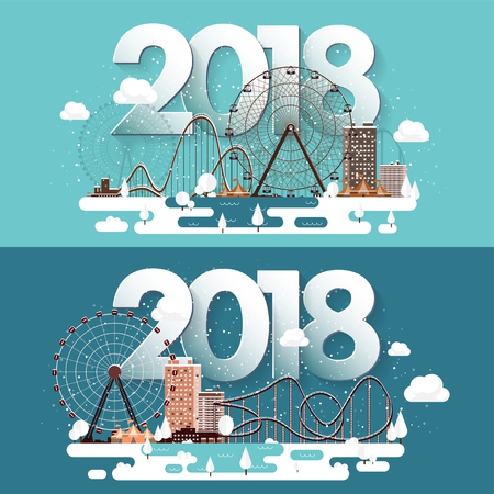 Vector illustration. 2018 winter urban landscape. City with snow. Christmas and new year. Cityscape. Buildings.Ferris wheel,park.のイラスト素材