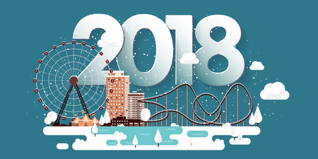 Vector illustration. 2018 winter urban landscape. City with snow. Christmas and new year. Cityscape. Buildings.Ferris wheel,park.のイラスト素材