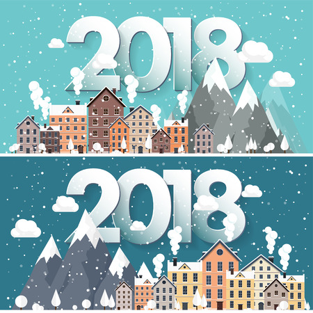 Vector illustration. 2018 winter urban landscape. City with snow. Christmas and new year. Cityscape. Buildings.Mountaines, nature.のイラスト素材
