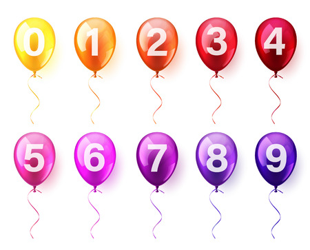 Isolated Realistic Colorful Glossy Flying Air Balloons set with numbers. Birthday party. Ribbon.Celebration. Wedding or Anniversary.のイラスト素材