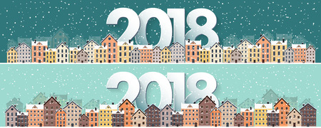Winter urban landscape. City with snow. Christmas and new year. Cityscape. Buildings.2018.Vector illustration.のイラスト素材