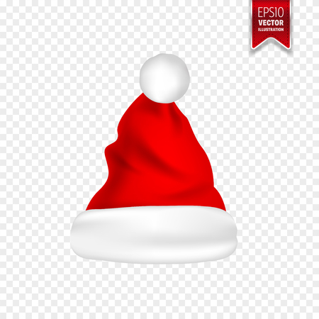 Christmas Santa Claus Hats With Shadow Set. New Year Red Hat Isolated on Transparent Background. Vector illustration.のイラスト素材