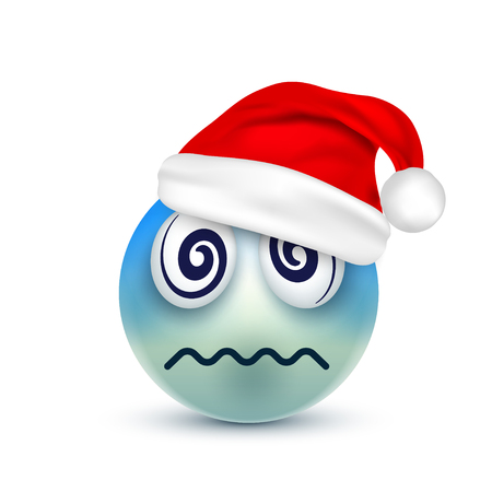 Smiley,emoticon. Blue emoji, face with emotions and Christmas hat. New Year, Santa.Winter. Sad,happy,angry faces.Funny cartoon character.Mood. Vector.のイラスト素材