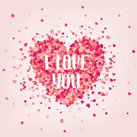 Valentines day red background with hearts. Love symbol. February 14. I love you. Be my valentine. Lettering, calligraphy. Heart confetti.のイラスト素材