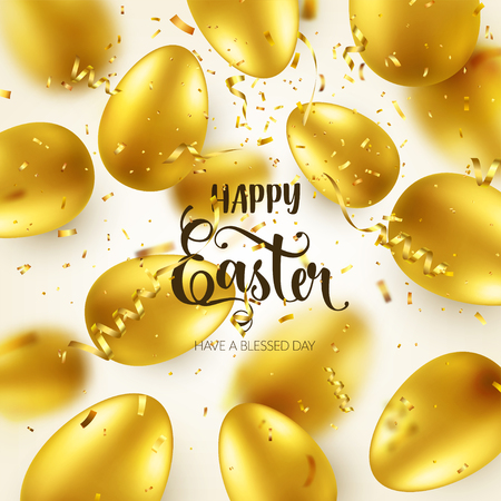 Easter golden egg with calligraphic lettering, greetings. Confetti and ribbon.Traditional spring holidays in April or March. Sunday. Eggs and gold.のイラスト素材