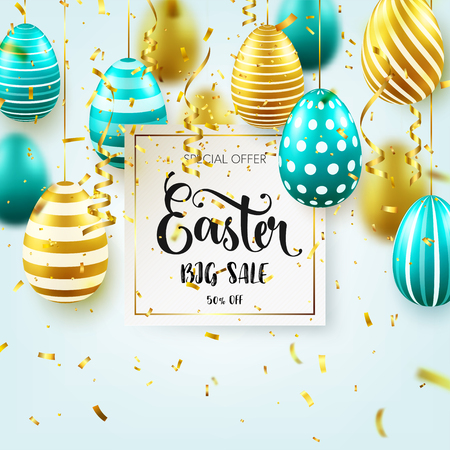 Easter golden egg with calligraphic lettering, greetings. Confetti and ribbon.Traditional spring holidays in April or March. Sunday. Eggs and gold.のイラスト素材
