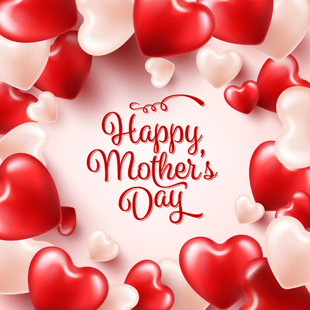 Mothers day background with red hearts. Greeting card, template with lettering.のイラスト素材