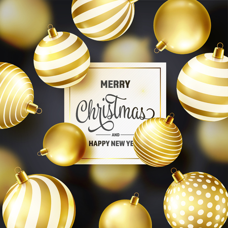 Christmas Background With Tree Balls. Golden Ball. New Year. Winter holidays. Season Sale Decoration. Gold Xmas Giftのイラスト素材