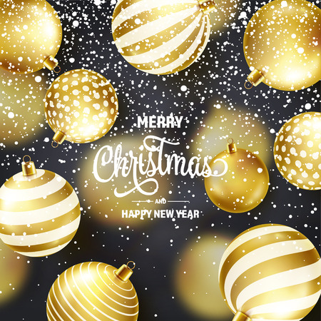 Christmas Background With Tree Balls And Snow. Golden Ball. New Year. Winter holidays. Season Sale Decoration. Gold Xmas Giftのイラスト素材