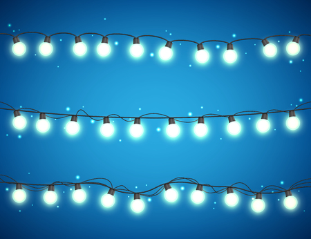Christmas glowing lights on white background. Garlands with colored bulbs. Xmas holidays. Christmas greeting card design element. New year,winterのイラスト素材