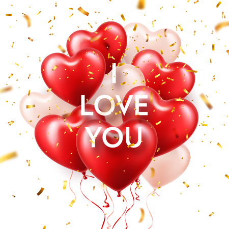 Valentines Day Background With White Red Heart Balloons And Golden Confetti. Romantic Wedding Love Greeting Card. February 14のイラスト素材