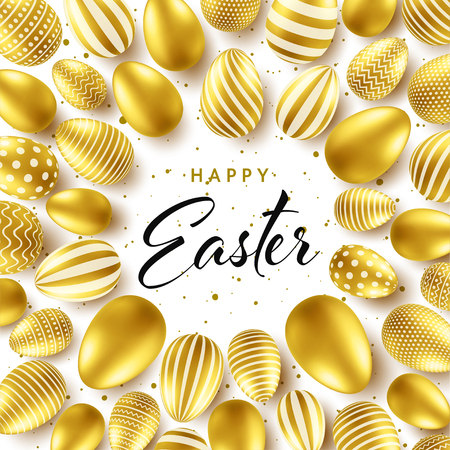 Easter background with realistic golden eggs. Spring egg hunt. Happy holiday greeting card with text lettering, calligraphy. Colorful season banner. Vector illustrationのイラスト素材