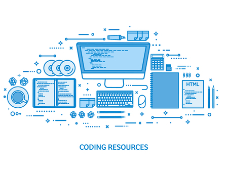 Programming, coding and SEO. Web development. Search engine optimization. Code, hardware and software. Flat blue outline background. Line art vector illustrationのイラスト素材