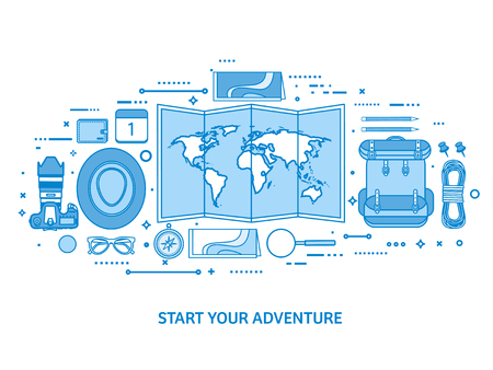 Travel and tourism. World map, earth globe. Trip tour journey, summer holidays. Traveling, exploring worldwide. Adventure expedition. Flat blue outline background. Line art vector illustration.のイラスト素材