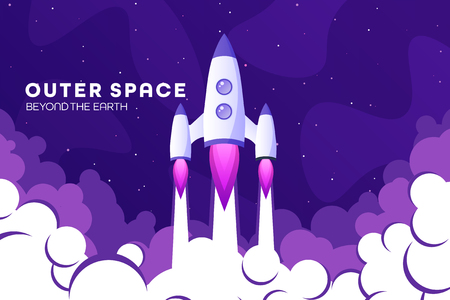 Space futuristic modern colorful background with rocket. Starship, spaceship in night sky. Solar system, galaxy and universe exploration. Vector illustrationのイラスト素材