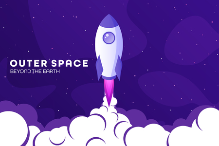 Space futuristic modern colorful background with rocket. Starship, spaceship in night sky. Solar system, galaxy and universe exploration. Vector illustrationのイラスト素材
