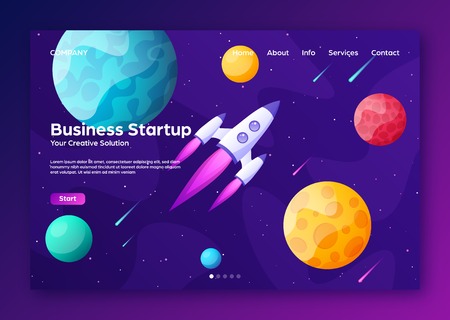Space futuristic modern colorful background with rocket. Starship, spaceship in night sky. Solar system, galaxy and universe exploration. Vector illustration.のイラスト素材
