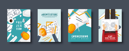 Engineering and architecture flat style covers set. Drawing construction. Architectural project. Design and sketching. Workspace with tools. Planning, building. Vector illustration.のイラスト素材
