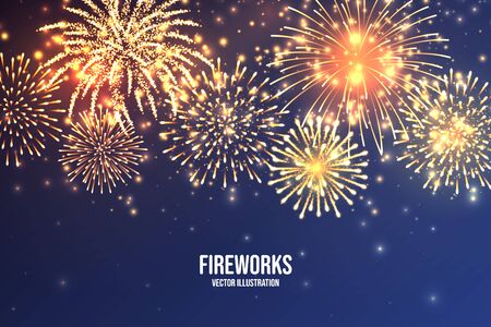 Festive fireworks. Realistic colorful firework on blue abstract background. Multicolored explosion. Christmas or New Year greeting card. Diwali festival of lights. Vector illustrationのイラスト素材
