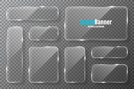 Glass frames collection. Realistic transparent glass banner with glare. Vector design element.のイラスト素材