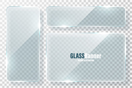 Glass frames collection. Realistic transparent glass banner with glare. Vector design element.のイラスト素材