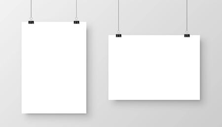 Realistic hanging blank paper sheet with shadow in A4 format and black paper clip, binder on gray background. Design poster, template or mockup. Vector illustration.のイラスト素材