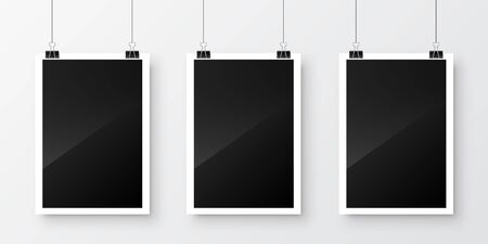 Photo card frame, film hanging on paper clips. Digital snapshot image. Photography art. Photograph template or mockup for design. Vector illustration.のイラスト素材