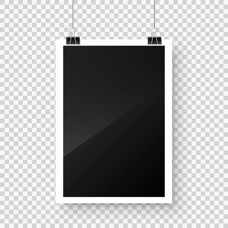 Photo card frame, film hanging on paper clips with transparent background. Digital snapshot image. Photography art. Photograph template or mockup for design. Vector illustrationのイラスト素材