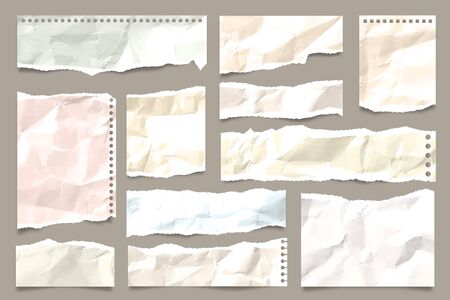 Ripped colored crumpled paper strips collection. Realistic paper scraps with torn edges. Sticky notes, shreds of notebook pages. Vector illustration.のイラスト素材
