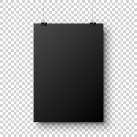 Realistic black hanging blank paper sheet with shadow in A4 format and paper clip, binder on transparent checkered background. Design poster, template or mockup. Vector illustration.のイラスト素材